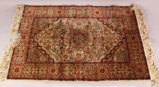 A SMALL TURKISH SILK RUG, 91cm X 62cm.