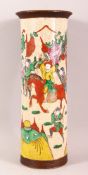 A CHINESE FAMILLE ROSE CRACKLE WARE PORCELAIN SLEEVE VASE - decorated with carnival or procession