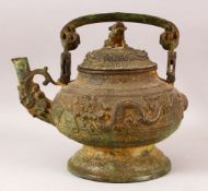 A LARGE & HEAVY CHINESE / TIBET BRONZE RELIEF TEA POT & COVER - The body moulded with scenes of
