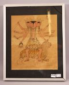 A 19TH CENTURY INDIAN PAINTING ON PAPER OF KALI sat upon a tiger, framed and glazed, 31cm x 25.5cm