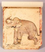 AN 18TH/19TH CENTURY INDIAN MINIATURE PAINTING OF AN ELEPHANT PLAYING WITH SNAKES, 15cm x 13.5cm.