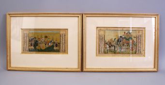 A GOOD PAIR OF 18TH / 19TH CENTURY INDIAN MUGHAL MINIATURE PAINTINGS, framed, one depicting