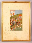 A FINE LARGE 18TH/19TH CENTURY INDIAN MINIATURE PAINTING OF KRISHNA IN COMBAT, framed and glazed