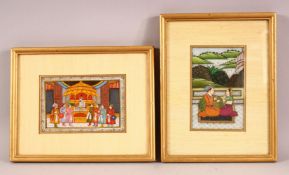 TWO GOOD FRAMED INDIAN MINIATURE PAINTINGS ON ALABASTER, one depicting a couple in a courtyard,