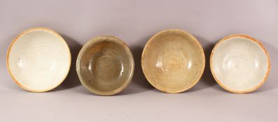 A MIXED LOT OF 4 EARLY CHINESE POTTERY BOWLS - Varying glaze types & sizes -largest from 16cm