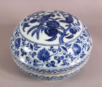 A GOOD CHINESE BLUE AND WHITE PORCELAIN BOX AND COVER, the cover decorated with birds on a peach