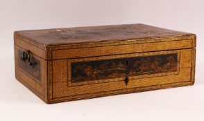 A CHINESE EXPORT LACQUER AND GILT SEWING BOX, the box containing lift out tray with nine