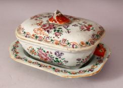 AN 18TH CENTURY CHINESE FAMILLE ROSE PORCELAIN TUREEN, COVER & STAND - the smaller tureen