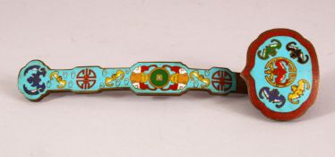 A CHINESE CLOISONNE RUYI SCEPTER, decorated with bats and longevity symbols, 20.5cm.