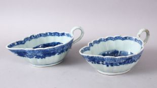 A PAIR OF 18TH CENTURY CHINESE BLUE & WHITE PORCELAIN SAUCE BOATS, each decorated with native