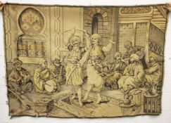 A LARGE TURKISH OTTOMAN TAPESTRY, depicting a dancing party with musicians and attendants, 177cm x