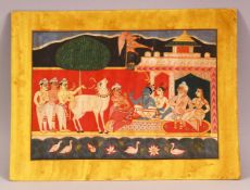 A GOOD INDIAN MINIATURE PAINTING, depicting a courtyard scene with figures and a cow, unframed, 28cm
