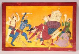A FINE INDIAN MINIATURE PAINTING OF KRISHNA, in a punishment scene, with gilt highlights,