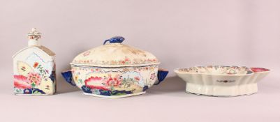 A CHINESE FAMILLE ROSE TWO HANDLED PORCELAIN SERVING DISH AND COVER, together with a lobed