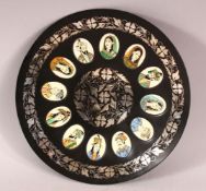 A BIDRI STYLE METAL DISH INSET WITH IVORY MINIATURE PORTRAITS, the dish with possibly silver inlay