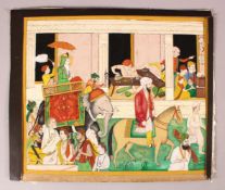A FINE LARGE INDIAN MINIATURE PAINTING OF SIKH MAHARAJA RANJIT SINGH seated on elephant with in a