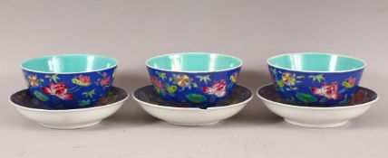 A SET OF CHINESE ENAMELLED BOWLS AND SAUCERS, comprising of three bowls and three saucers, bowls