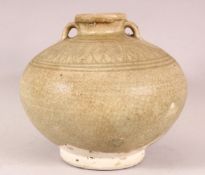 A 15TH CENTURY CHINESE SAWANKHALOK CELADON TWIN HANDLE POTTERY VASE, with carved border decorations,