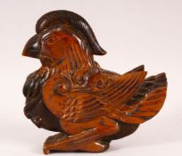 A GOOD CHINESE CARVED TIGERS EYE FIGURE OF A BIRD, carved with funghi, 10.5cm high