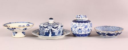 A MIXED LOT OF CHINESE BLUE & WHITE PORCELAIN ITEMS, one European with a kraak style cover, one