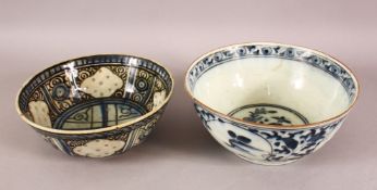 TWO 17TH/18TH CENTURY PERSIAN SAFAVID BLUE AND WHITE GLAZED POTTERY BOWLS, 18.5cm diameter and 17.