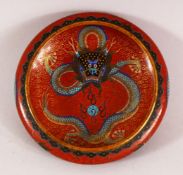 A 19TH / 20TH CENTURY CHINESE CLOISONNE IMPERIAL DRAGON BRUSH WASH / POT, decorated with a red