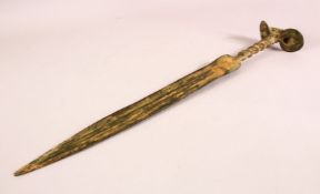 AN ARCHAIC STYLE BRONZE SHORT SWORD, with twisted handle and unusual pommel, 49.5cm long.