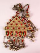 A TURKISH METAL INLAID BRIDES NECKLACE, with gilded decoration around inlaid semi precious stones,