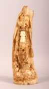 A CHINESE CARVED & STAINED IVORY FRAGMENT OF GUANYIN, the fragment carved to the front depicting the