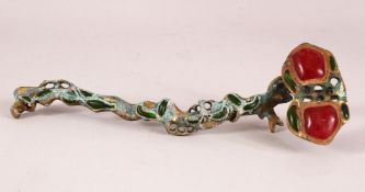 A CHINESE INLAID BRONZE RUYI SCEPTER - inlaid with semi precious stones, 27cm