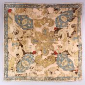 AN EARLY CAUCASIAN SMALL RUG, with beige ground and stylised motifs within a narrow blue ground