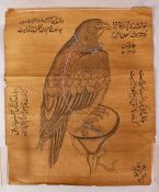 A FINE LARGE INDO PERSIAN INSCRIBED DRAWING OF A FALCON, unframed, 46cm x 38.5cm.