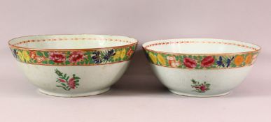 TWO 18TH / 19TH CENTURY CHINESE FAMILLE ROSE PORCELAIN BOWLS, each decorated with bands of flora, (