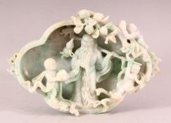 A GOOD CHINESE JADEITE CARVING ON A WOODEN STAND, the bowl formed carving depicting a sage with