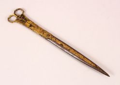 A FINE LARGE 19TH CENTURY TURKISH OTTOMAN GOLD INLAID CALLIGRAPHIC SCISSORS, 27cm long.