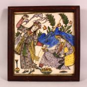 A 19TH CENTURY PERISAN PORCELAIN TILE PANEL - depicting two figures in a landscape - framed 29cm (