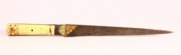 A GOOD INDIAN CARVED BONE & INLAID WATERED STEEL DAGGER - with carved bone handle inlaid with gold