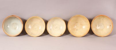 A MIXED LOT OF 5 EARLY CHINESE POTTERY BOWLS - Varying glaze types & sizes -largest from 16cm