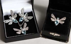 A SUITE OF SILVER FLY JEWELLERY, RING, EARRINGS AND PENDANT.