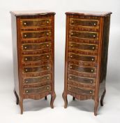 A PAIR OF FRENCH STYLE WALNUT AND ROSE WOOD SEMANIERS, on short cabriole legs. 1ft 7ins wide x 1ft