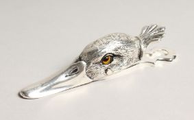 A SILVER PLATED DUCK'S HEAD PAPER CLIP 5ins long..