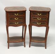 TWO FRENCH STYLE MAHOGANY AND BURRWOOD INLAID THREE DRAWER BEDSIDE CHESTS, with cabriole legs united