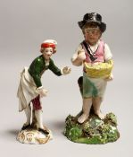 A SMALL DERBY PORCELAIN FIGURE of a young lady holding a plate in her right hand, together with a