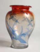A DANISH ART GLASS VASE, CIRCA 1920, the orange and clear glass body decorated with birds 9.5ins
