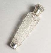 A GOOD VICTORIAN CUT GLASS SILVER TOP SCENT BOTTLE 6ins long.