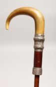 A VICTORIAN RHINO HANDLE UMBRELLA CANE with silver band Birmingham 1900