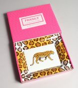 A PATRICIA DEROUBAIX LEMOGE LEOPARD ASH TRAY in a box.