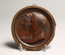 A LARGE ANTIQUE CIRCA 1810 ANDRIEU FECIT BRONZE, CIRCULAR PLAQUE OF NAPOLEON AND JOSEPHINE Signed