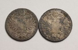 TWO MARIA THERESIA SILVER THALIES, 1780.