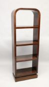 AN ART DECO STYLE ROSEWOOD BOOKSHELF with a rounded top and four shelves. 5ft 8ins high x 1ft 11.